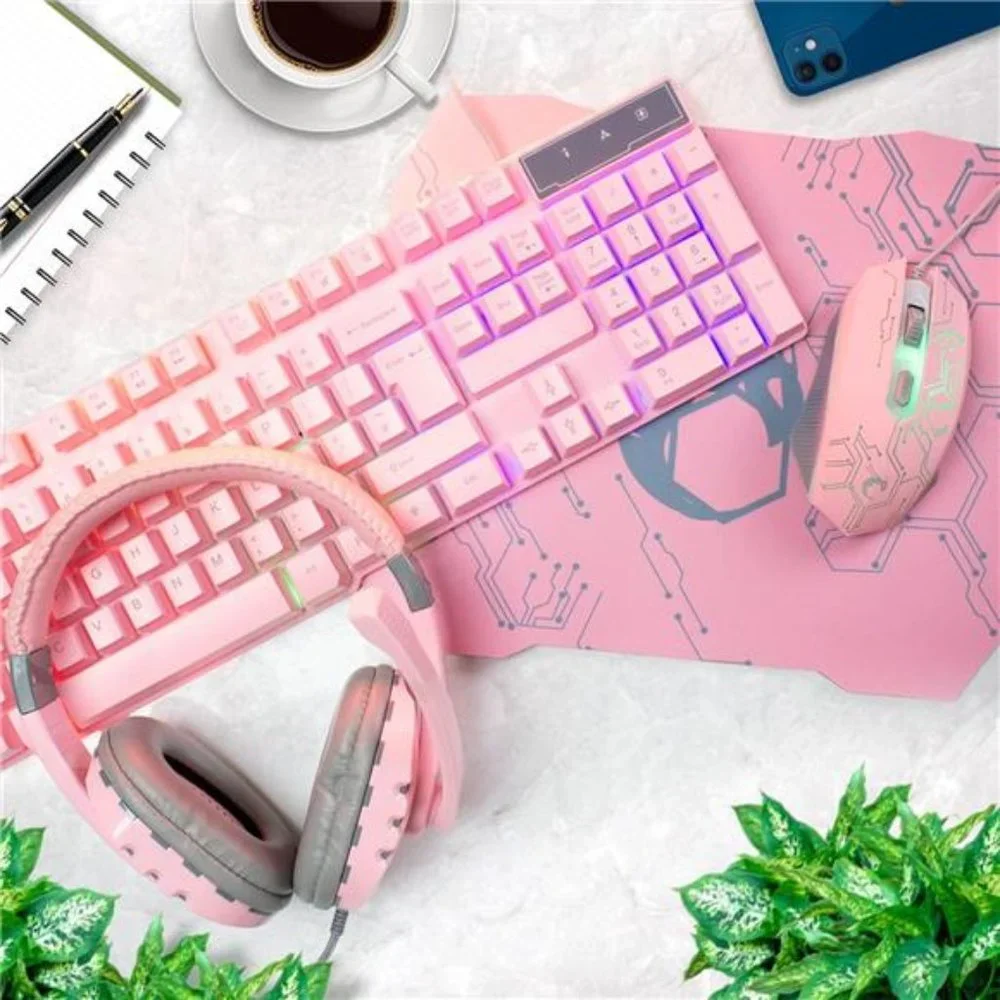 Pink Gaming Keyboard and Mouse Headset Headphones and Mouse pad, Wired LED RGB